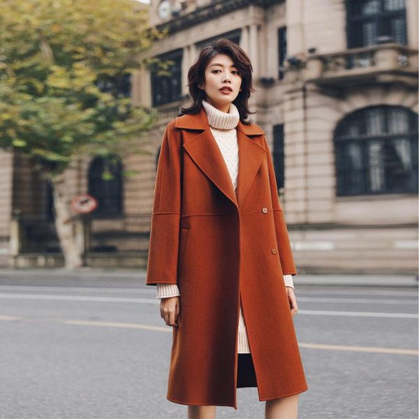 women's wool & blends arrival 2021 handmade double faced turn down collar belted long caramel color coat women, Black
women's wool & blends arrival 2021 handmade double faced turn down collar belted long caramel color coat women, Black