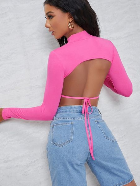 mock neck self-tie open-back crop k3py#, White
mock neck self-tie open-back crop k3py#, White