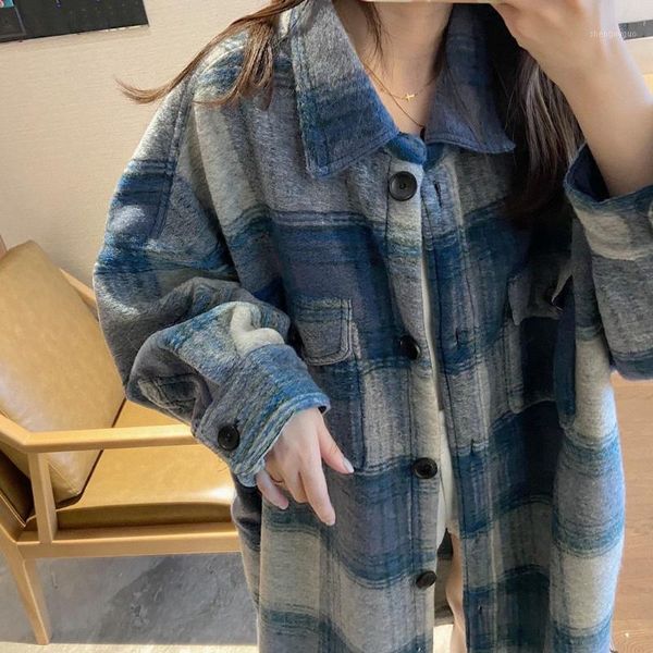 blue shirt style wool plaid coat women's autumn and winter korean loose lazy mid long silhouette & blends, Black
blue shirt style wool plaid coat women's autumn and winter korean loose lazy mid long silhouette & blends, Black