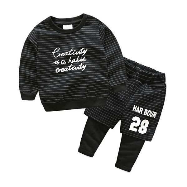 autumn spring 2 3 4 6 8 10 years cotton black striped handsome sweatshirt+pants 2 pieces sports set for kids baby boys 210414, White