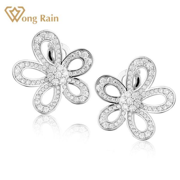 wong rain 100% 925 sterling silver created moissanite gemstone wedding enagement romantic flower eer studs earrings fine jewelry stud, Golden;silver