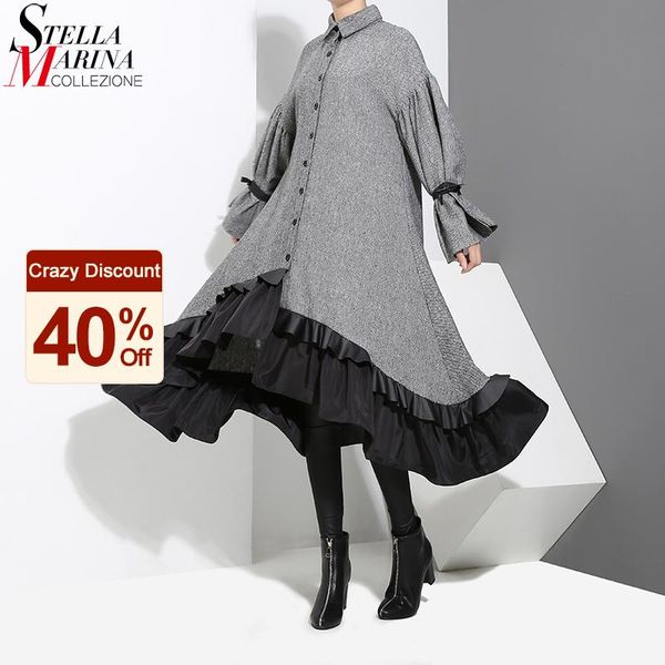 new england style woman winter gray shirt dress midi long sleeve ruffle patchwork big size lady elegant party vintage dress 3073, Black;gray
new england style woman winter gray shirt dress midi long sleeve ruffle patchwork big size lady elegant party vintage dress 3073, Black;gray