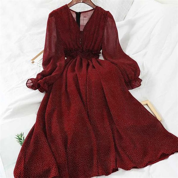 autumn v neck polka dot slim chiffon dress button puff sleeve high waist elegant women mid-calf dress 211023, Black;gray
autumn v neck polka dot slim chiffon dress button puff sleeve high waist elegant women mid-calf dress 211023, Black;gray