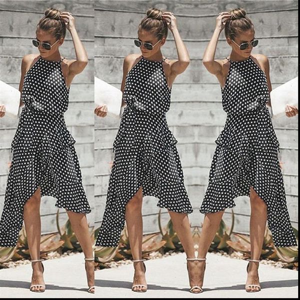 women dresses vintage polka dot summer ruffles halter irregular lace up dress sleeveless for female vestidos, Black;gray
women dresses vintage polka dot summer ruffles halter irregular lace up dress sleeveless for female vestidos, Black;gray