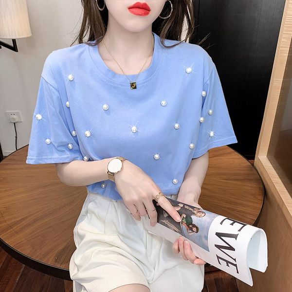 women's t-shirt summer korean women solid color all-match fashion beading temperament pullover lady elegant short sleeve loose, White
women's t-shirt summer korean women solid color all-match fashion beading temperament pullover lady elegant short sleeve loose, White