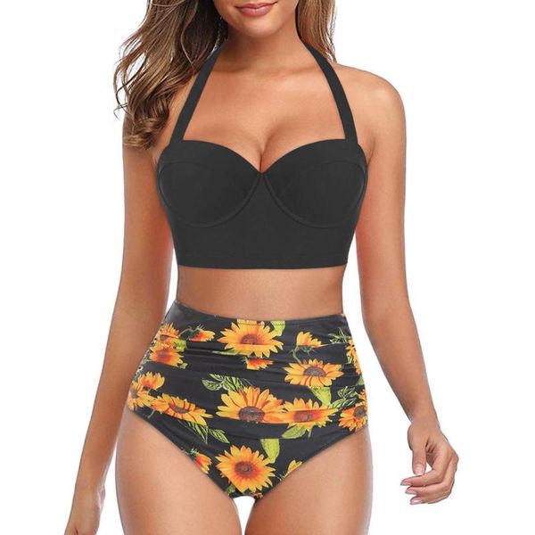 women's swimwear women floral print high waist swimsuit +shorts two piece halter tankini sunflower bikini split, White;black
women's swimwear women floral print high waist swimsuit +shorts two piece halter tankini sunflower bikini split, White;black