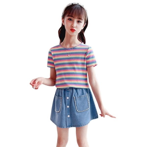 kids clothes girls striped tshirt + denim skirt children's for summer teenage casual style child 210527, White
kids clothes girls striped tshirt + denim skirt children's for summer teenage casual style child 210527, White