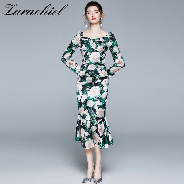 dresses runway floral print neck ruffles mermaid women satin green sleeve v back ruched female midi bodycon, Black;gray
dresses runway floral print neck ruffles mermaid women satin green sleeve v back ruched female midi bodycon, Black;gray