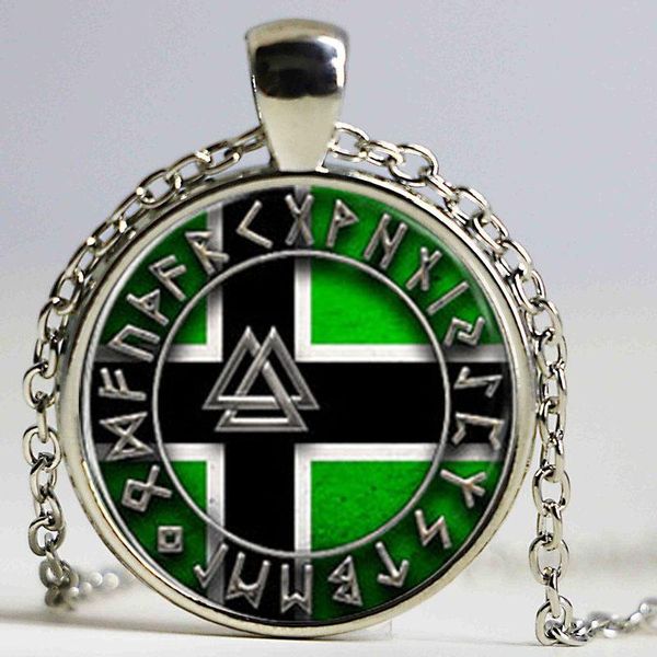 pendant necklaces 1pcs vinland viking flag with valknut jewelry glass cabochon necklace, Silver