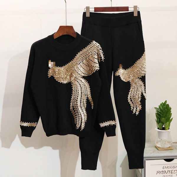 women's tracksuits 2021 spring autumn long sleeve round collar sequined beaded phoenix t-shirt elastic waist pants two piece set women, Gray
women's tracksuits 2021 spring autumn long sleeve round collar sequined beaded phoenix t-shirt elastic waist pants two piece set women, Gray