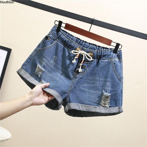 women's shorts denim casual fashion loose plus size solid color pocket hole high waist elastic clothing summer, White;black
women's shorts denim casual fashion loose plus size solid color pocket hole high waist elastic clothing summer, White;black