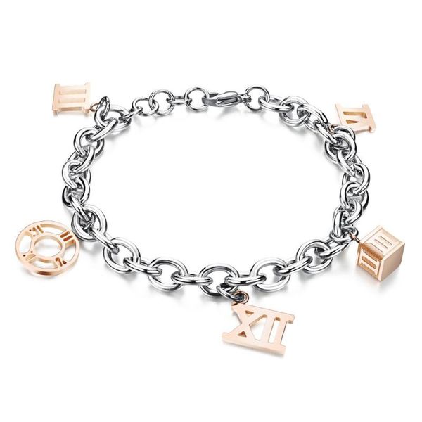link, chain 316l stainless steel hollow roman numerals bracelet for woman and rose gold color pendent charm jewelry wholesale, Black
link, chain 316l stainless steel hollow roman numerals bracelet for woman and rose gold color pendent charm jewelry wholesale, Black