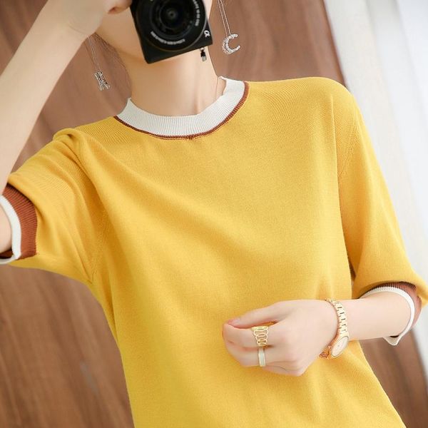 women's t-shirt summer tees casual o-neck cotton all-match short-sleeved sweater ladies knitted stitching collar cuff color top, White
women's t-shirt summer tees casual o-neck cotton all-match short-sleeved sweater ladies knitted stitching collar cuff color top, White