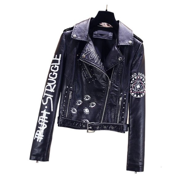 leather jacket punk style lapel women's pu coat epaulet belt printed motorcycle rivet short, Black
leather jacket punk style lapel women's pu coat epaulet belt printed motorcycle rivet short, Black