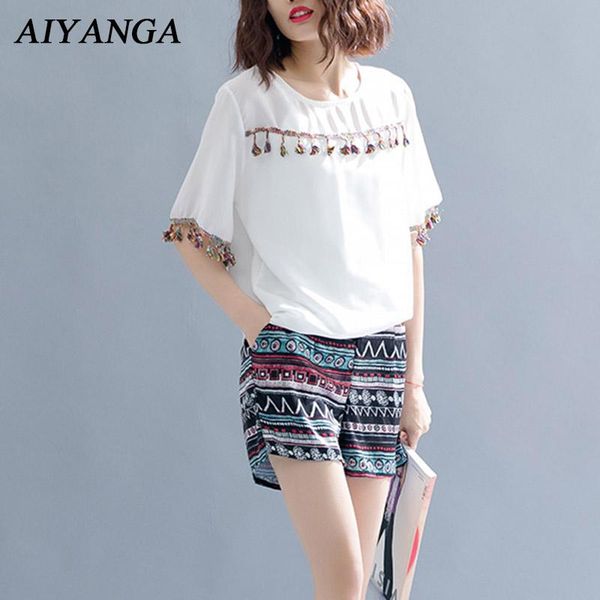 xxl plus size female 2 pieces summer women sets vintage 2021 short sleeve print tassel casual loose white wide leg shorts women's tra, Gray
xxl plus size female 2 pieces summer women sets vintage 2021 short sleeve print tassel casual loose white wide leg shorts women's tra, Gray