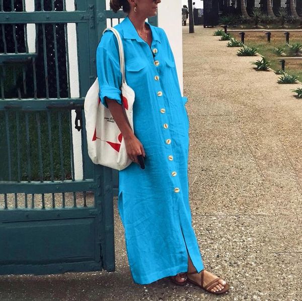 women's elegant dresses half sleeve solid button down linen loose shirt maxi long dress robe femme sundress vestido de mujer swimwear, White;black
women's elegant dresses half sleeve solid button down linen loose shirt maxi long dress robe femme sundress vestido de mujer swimwear, White;black