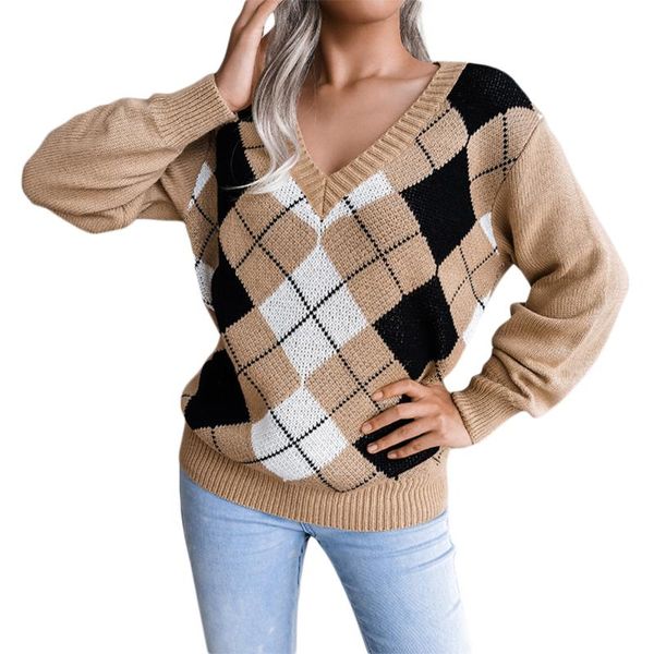 women's sweaters v neck knitted elegant long sleeve argyle print loose jumper, White;black
women's sweaters v neck knitted elegant long sleeve argyle print loose jumper, White;black