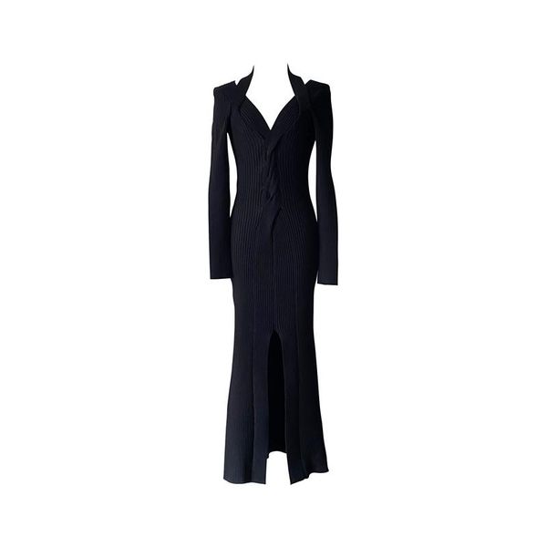long-sleeved sling knit dress tight slit ruffled base party d3019 casual dresses, Black;gray
long-sleeved sling knit dress tight slit ruffled base party d3019 casual dresses, Black;gray