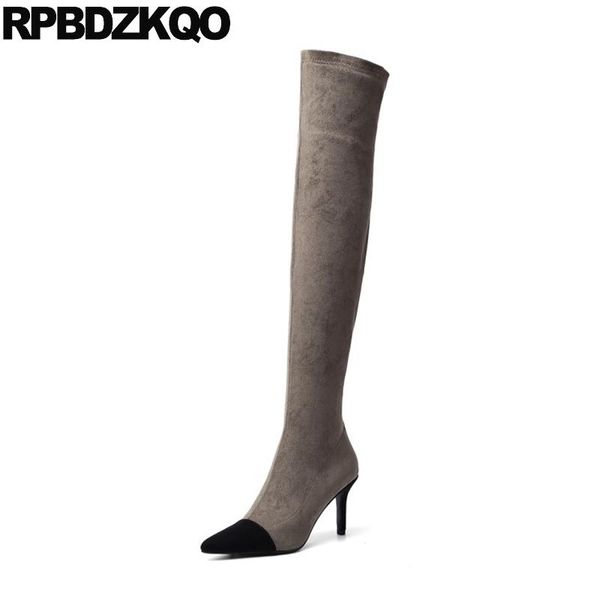 boots tall long stretch luxury grey stiletto pointed toe suede slim thigh women patchwork shoes over the knee high heel sexy, Black
boots tall long stretch luxury grey stiletto pointed toe suede slim thigh women patchwork shoes over the knee high heel sexy, Black