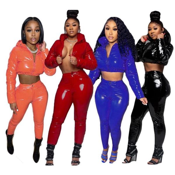 women's two piece pants arrivals women sets pu glossy solid color zipper hooded short bread coats high waist skinny winter suits, White 
women's two piece pants arrivals women sets pu glossy solid color zipper hooded short bread coats high waist skinny winter suits, White