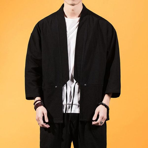 summer men's japanese splicing robe chinese style casual hanfu cotton and linen three-quarter sleeve cardigan ethnic clothing, Red 
summer men's japanese splicing robe chinese style casual hanfu cotton and linen three-quarter sleeve cardigan ethnic clothing, Red