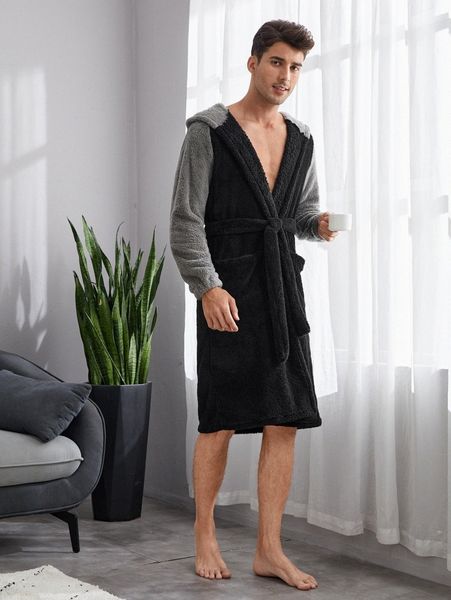 men color block dual pocket hooded belted teddy sleep robe o29i#, Black;brown