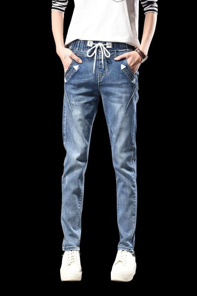 women's jeans girls fashion trousers black elastic waistband woman full loose denim pants boyfriends wholesale, Blue
women's jeans girls fashion trousers black elastic waistband woman full loose denim pants boyfriends wholesale, Blue