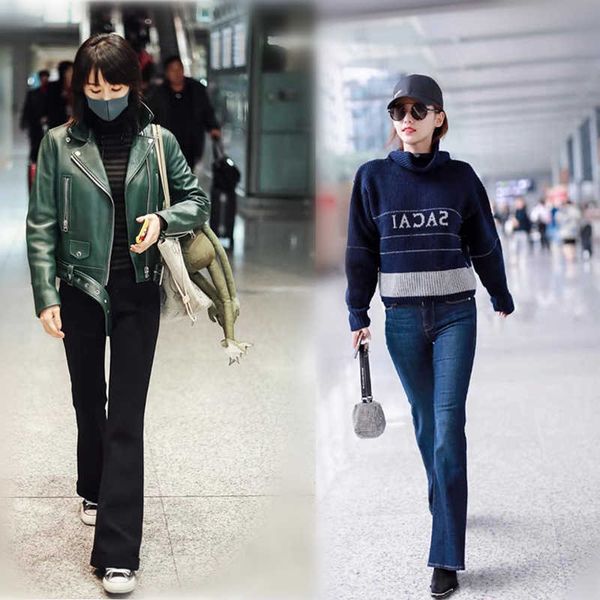 flared wind frame pants women's spring black stretch high waisted jeans with big horn and wide leg, loose thin, Blue
flared wind frame pants women's spring black stretch high waisted jeans with big horn and wide leg, loose thin, Blue