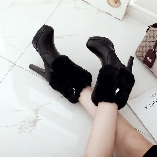 boots winter suede ankle with a side zipper chunky boot in the korean version, Black