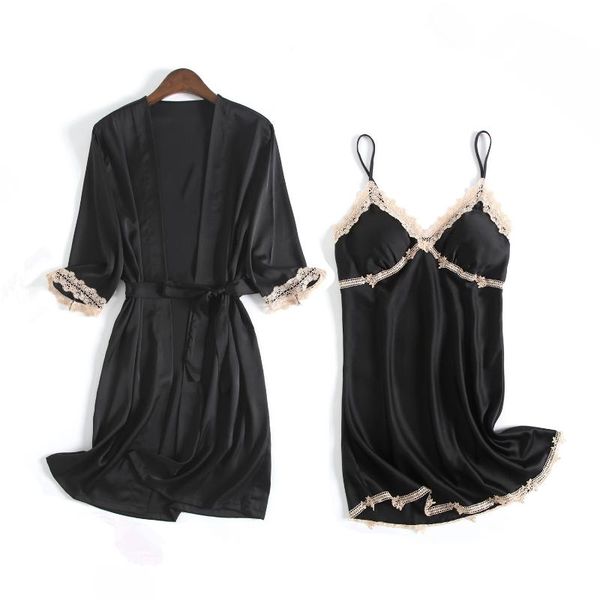 women's sleepwear patchwork lace 2pcs robe set nightgown women summer thin silky satin nightwear casual loose kimono gown homewear, Black;red
women's sleepwear patchwork lace 2pcs robe set nightgown women summer thin silky satin nightwear casual loose kimono gown homewear, Black;red