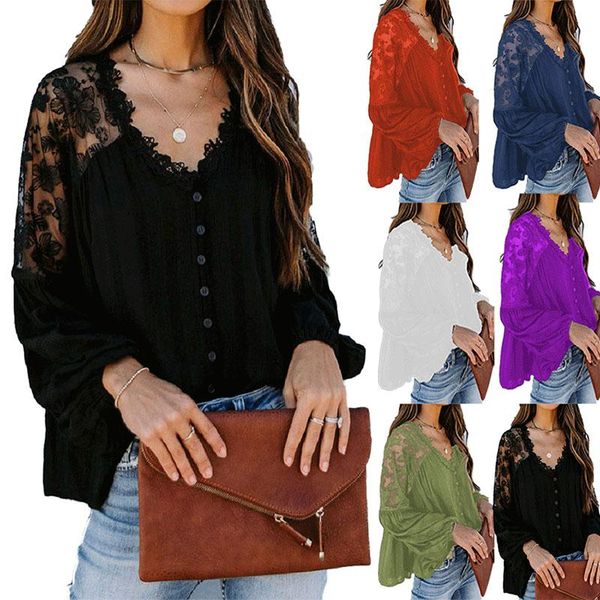 women's t-shirt autumn solid color casual lace long-sleeved loose v-neck lantern sleeve bottoming shirt fashionable ladies, White
women's t-shirt autumn solid color casual lace long-sleeved loose v-neck lantern sleeve bottoming shirt fashionable ladies, White