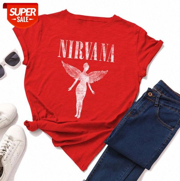 pure cotton women's loose round neck short-sleeved t-shirt blouse angel nirvana #os9z, White 
pure cotton women's loose round neck short-sleeved t-shirt blouse angel nirvana #os9z, White