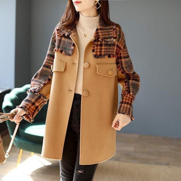 women's wool & blends autumn 2021 mid-length fashion plaid woolen coat casual thick temperament jacket high-quality splicing, Black
women's wool & blends autumn 2021 mid-length fashion plaid woolen coat casual thick temperament jacket high-quality splicing, Black