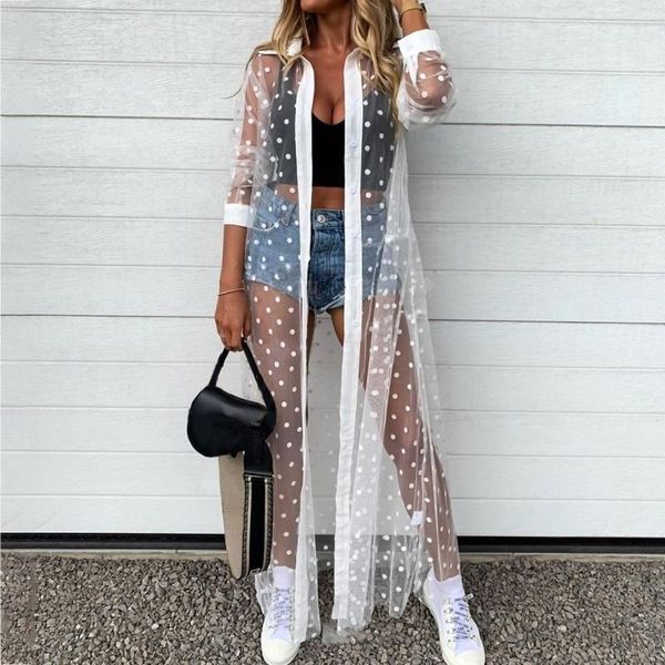 women's swimwear woman's polka dot beach smock lapel long sleeve mesh perspective cover up for daily life and vacation, White;black
women's swimwear woman's polka dot beach smock lapel long sleeve mesh perspective cover up for daily life and vacation, White;black