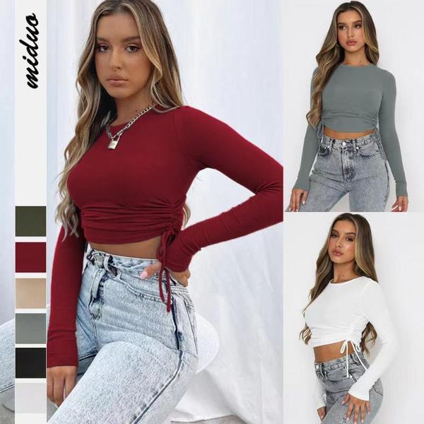 women's t-shirt ml product solid color european and american fashion drawstring round neck long-sleeved short umbilical threaded top, White
women's t-shirt ml product solid color european and american fashion drawstring round neck long-sleeved short umbilical threaded top, White