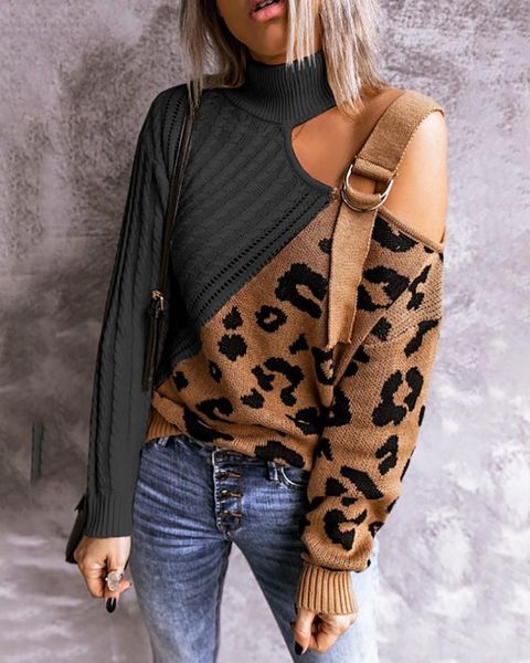 women's sweaters leopard print sweater women cutout one shoulder buckle, White;black
women's sweaters leopard print sweater women cutout one shoulder buckle, White;black
