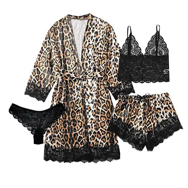 women's sleepwear 4 piece women silk sling leopard robe satin nightdress pajamas set lingerie bathrobe plus size home clothes #t2q, Black;red
women's sleepwear 4 piece women silk sling leopard robe satin nightdress pajamas set lingerie bathrobe plus size home clothes #t2q, Black;red