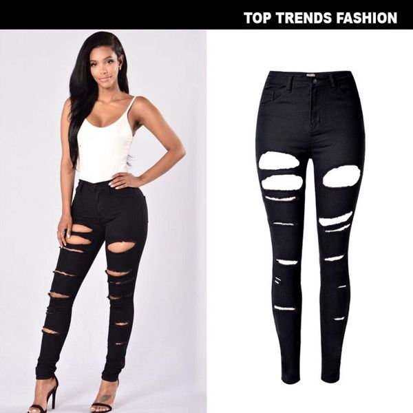 women's personalized high waist slim elastic thin irregular hole pocket with large denim pants, Blue
women's personalized high waist slim elastic thin irregular hole pocket with large denim pants, Blue