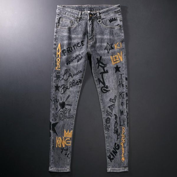 men's jeans streetwear fashion men retro black gray elastic slim fit printed designer embroidery hip hop denim punk pants, Blue
men's jeans streetwear fashion men retro black gray elastic slim fit printed designer embroidery hip hop denim punk pants, Blue