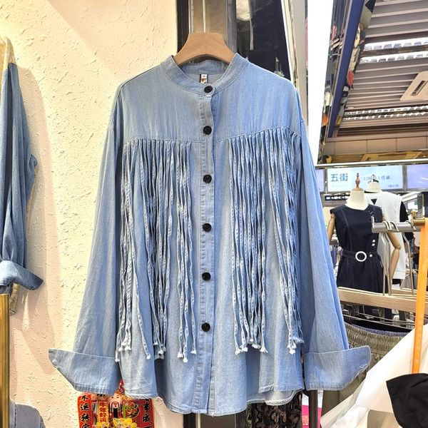 women's blouses & shirts loose denim shirt women 2021 autumn punk style tassel jeans streetwear long sleeve femme, White
women's blouses & shirts loose denim shirt women 2021 autumn punk style tassel jeans streetwear long sleeve femme, White