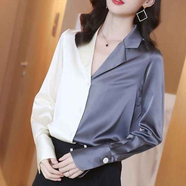 women's spring autumn style silk blouse shirt loose notched collar long sleeve patchwork casual sp1374 blouses & shirts, White
women's spring autumn style silk blouse shirt loose notched collar long sleeve patchwork casual sp1374 blouses & shirts, White