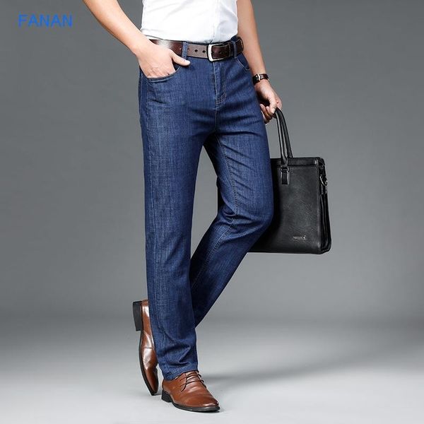 men's jeans 2021 elastic thin business fashion pants straight wash youth, Blue