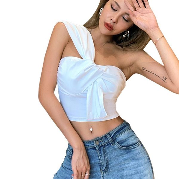 women bowknot vest camisole summer ladies casual solid color one shoulder sleeveless crop pullover tube party club women's tanks &, White 
women bowknot vest camisole summer ladies casual solid color one shoulder sleeveless crop pullover tube party club women's tanks &, White