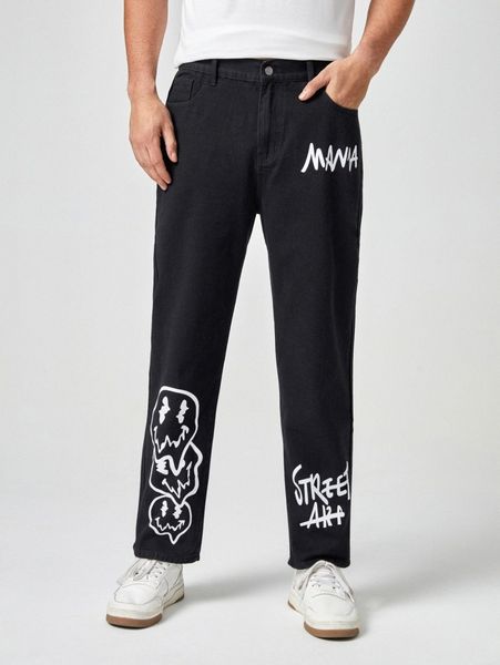 men slant pocket letter & cartoon graphic jeans x8eb#, Blue
