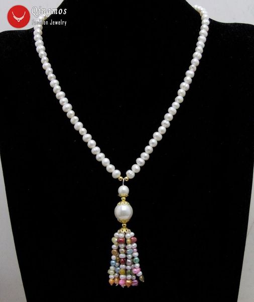 qingmos natural 6mm round white pearl necklace for women & multicolor baroque tassel pendant long 20'' necklaces, Silver 
qingmos natural 6mm round white pearl necklace for women & multicolor baroque tassel pendant long 20'' necklaces, Silver