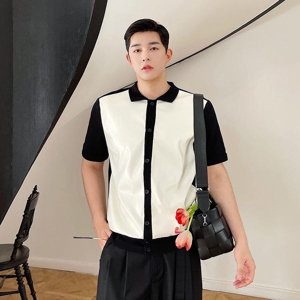 men's casual shirts man korean streetwear vintage fashion shirt for male 2021 knitted splice leather short sleeve slim cardigan, White;black
men's casual shirts man korean streetwear vintage fashion shirt for male 2021 knitted splice leather short sleeve slim cardigan, White;black