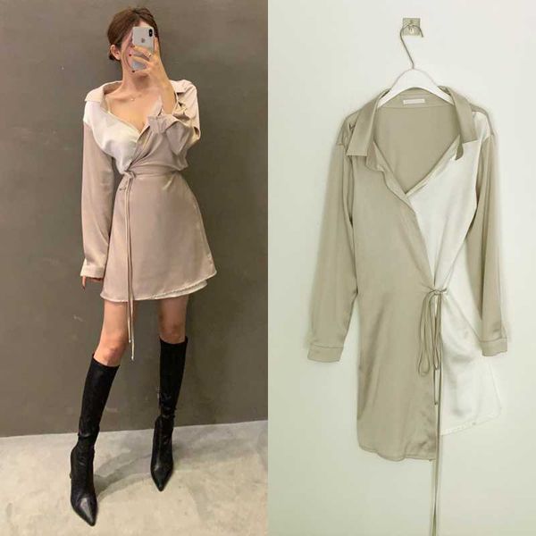 chic korean elegant long sleeve lapel contrasting color stitching lace up shirt dress women mini slim vestidos mujer fashion ol 210610, Black;gray
chic korean elegant long sleeve lapel contrasting color stitching lace up shirt dress women mini slim vestidos mujer fashion ol 210610, Black;gray