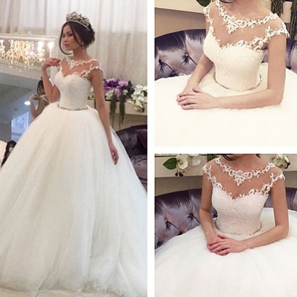 elegant lace appliques wedding dresses sheer neck tulle bridal gowns, White
elegant lace appliques wedding dresses sheer neck tulle bridal gowns, White