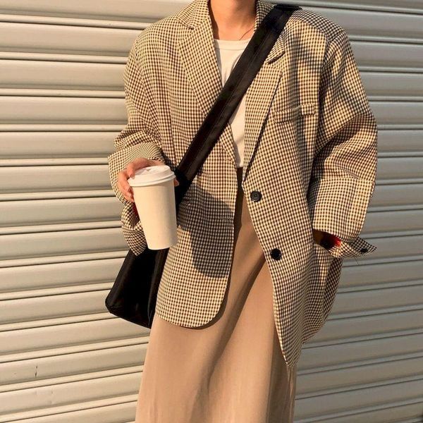 women's suits & blazers korean casual plaid blazer jackets women office lady loose work suit coat vintage elegant oversized outwear, White;black
women's suits & blazers korean casual plaid blazer jackets women office lady loose work suit coat vintage elegant oversized outwear, White;black
