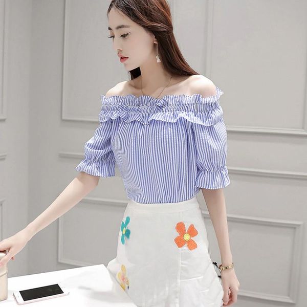 women's blouses & shirts elegant female cute thin striped ruffles shirt short slash neck slim flare sleeve sweet summer girl blusa top, White
women's blouses & shirts elegant female cute thin striped ruffles shirt short slash neck slim flare sleeve sweet summer girl blusa top, White